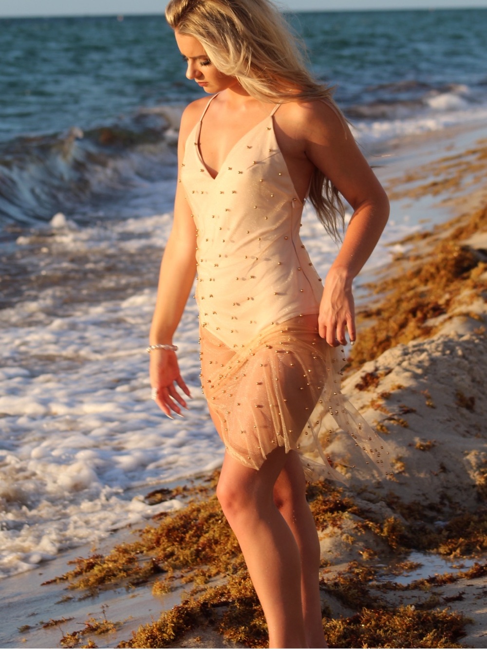 Fashion Nova Sheer Beaded Mini Dress in Champagne